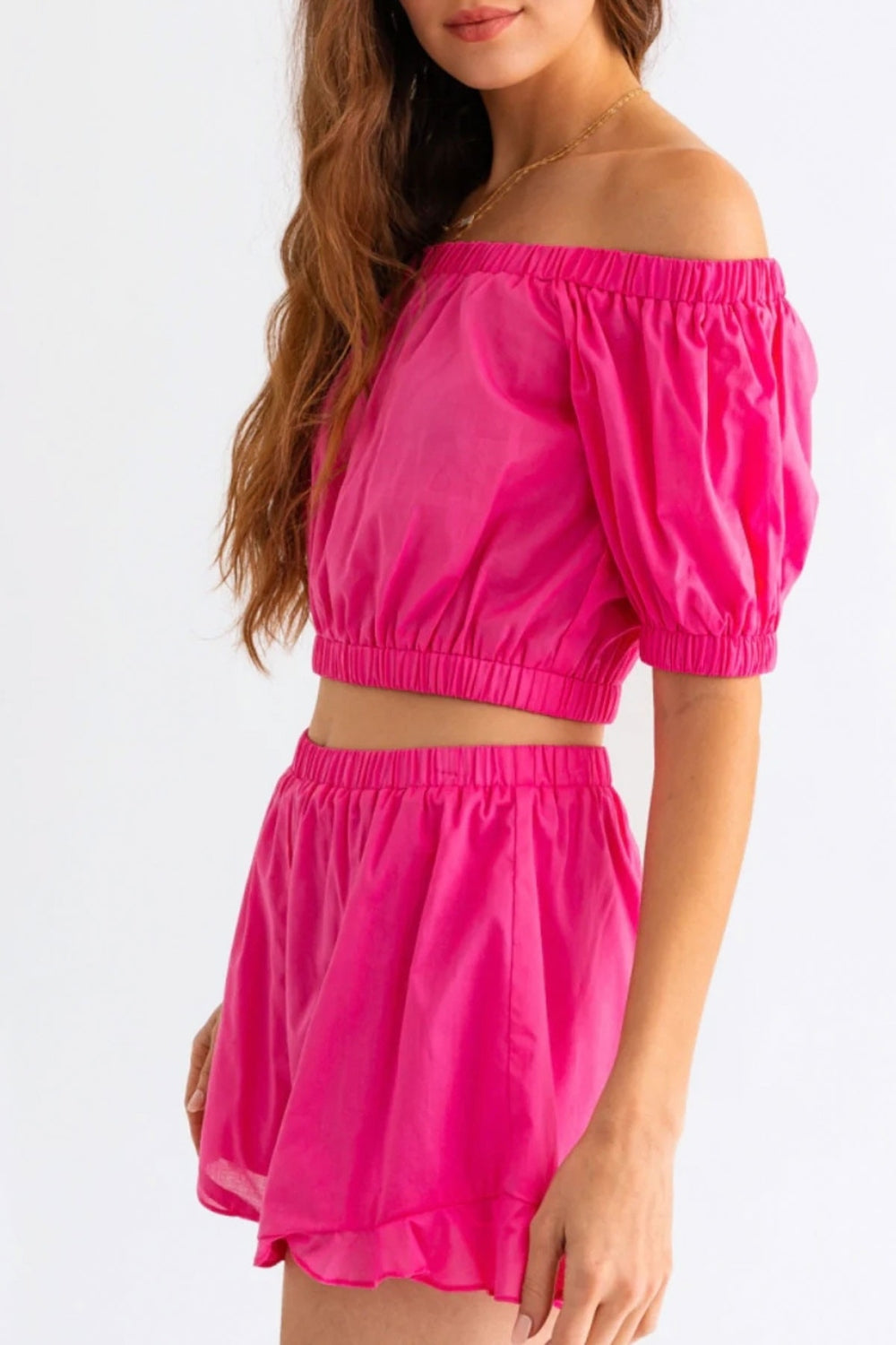 LE LIS Off Shoulder Crop Top and Ruffled Shorts Set