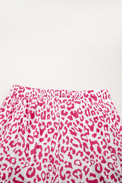 Pink Leopard Elastic Waistband Lace up Contrast Trim Casual Shorts