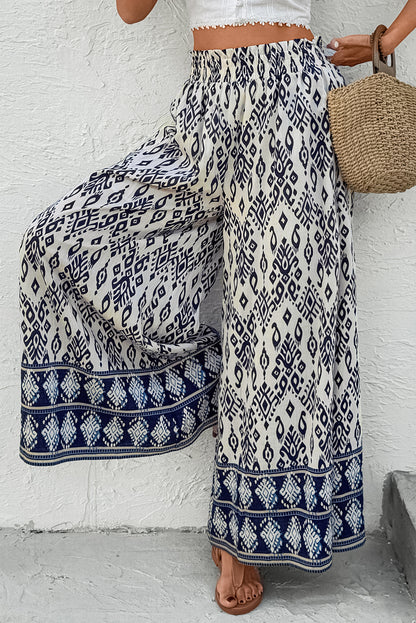 Pantalon ample taille haute à imprimé motif bohème bleu