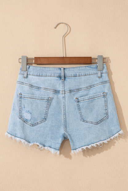 Beau Blue High Rise Distressed Raw Hem Denim Shorts