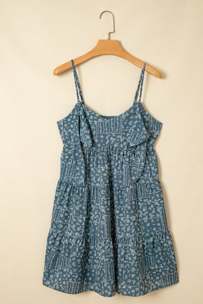 Blue Spaghetti Straps Floral Print Knot Detail High Waist Flared Dress