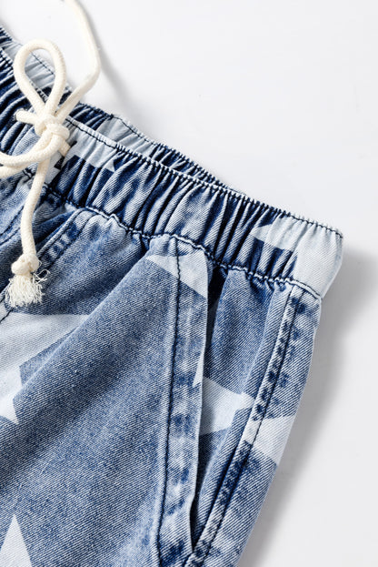 Jean large bleu clair à motif étoile délavé avec cordon de serrage et taille élastique