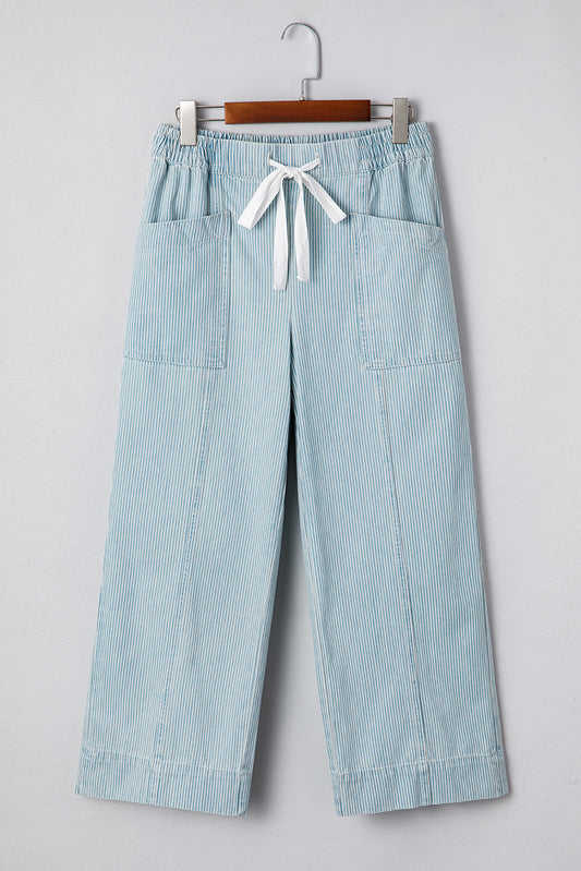 Jeans taille mi-haute à cordon de serrage rayés bleu ciel