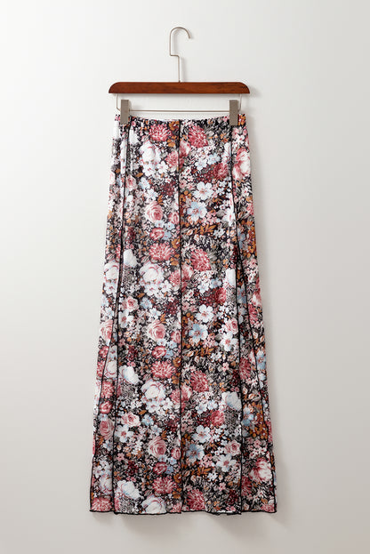 Jupe longue taille haute à imprimé floral marron