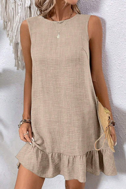 Robe Courte Sans Manches Gris Fumé à Nœud, Dos Rond Échancré et Volants à l'Ourlet
