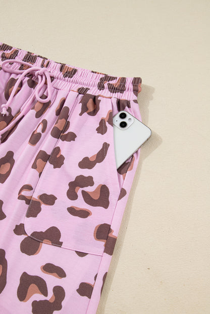 Pantalon ample rose à imprimé léopard et poches plaquées avec cordon de serrage
