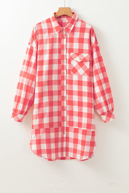 Robe chemise oversize rose à carreaux avec manches bouffantes et ourlet arrondi
