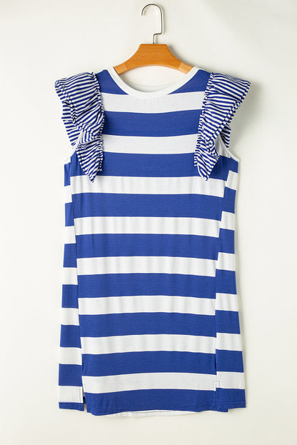 Robe T-shirt à manches volantées contrastantes à rayures bleu ciel