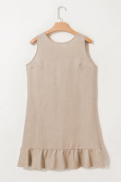 Robe Courte Sans Manches Gris Fumé à Nœud, Dos Rond Échancré et Volants à l'Ourlet