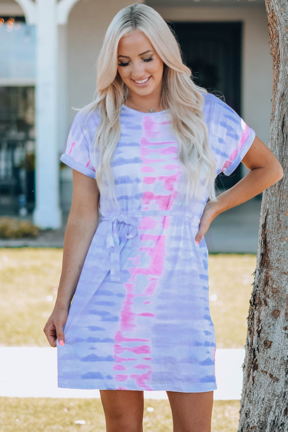 Tie-Dye Belted T-Shirt Dress Women