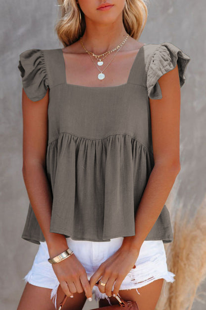 Ruffled Square Neck Cap Sleeve Blouse Full Size