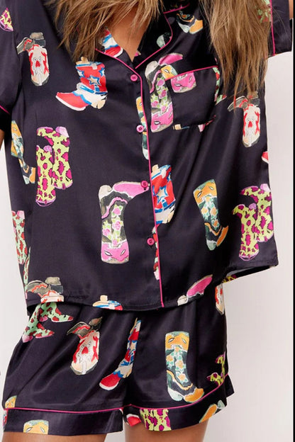 Button Up Short Sleeve Top and Shorts Lounge Set Printed