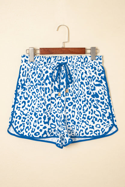 Blue Leopard Elastic Waistband Lace up Contrast Trim Casual Shorts