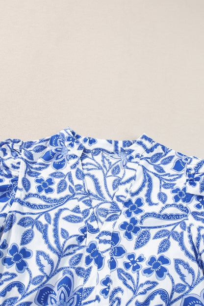 Robe étagée à manches bouffantes imprimé fleurs bleues