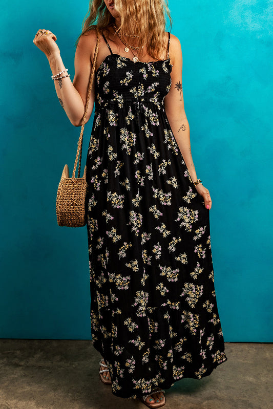 Black Floral Spaghetti Strap Shirred Bodice Tied Empire Waist Maxi Dress