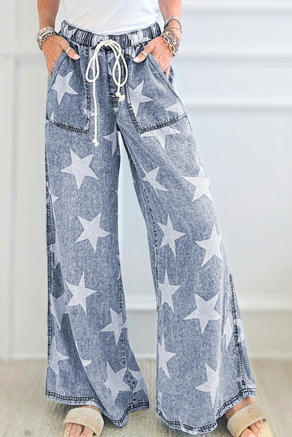 Jean large bleu clair à motif étoile délavé avec cordon de serrage et taille élastique
