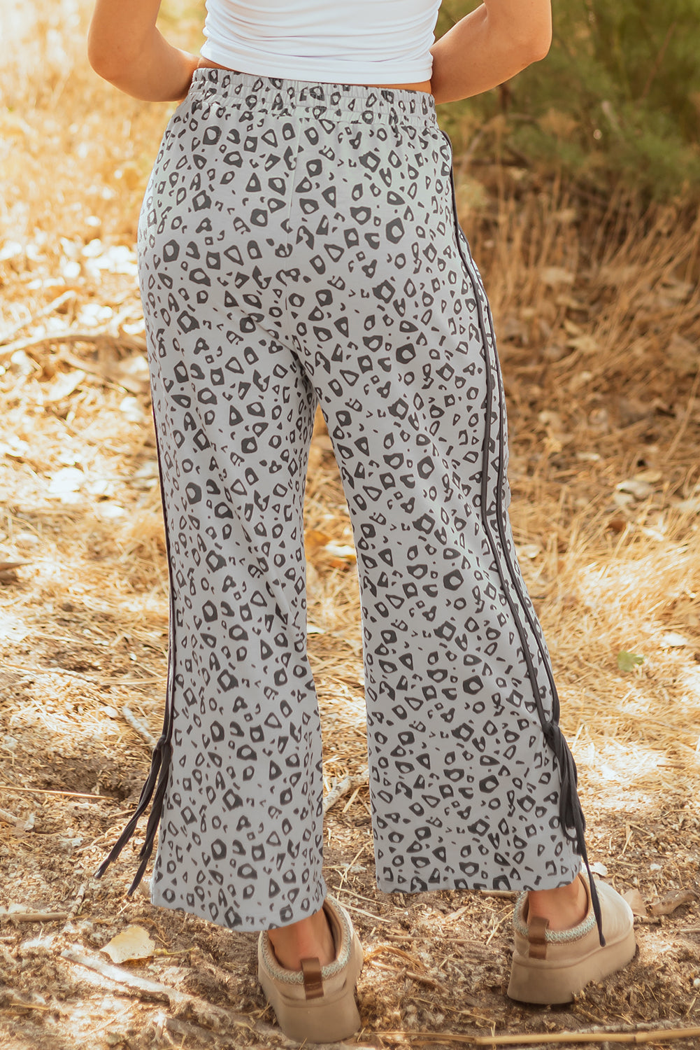 Pantalon droit taille haute léopard gris avec nœud latéral