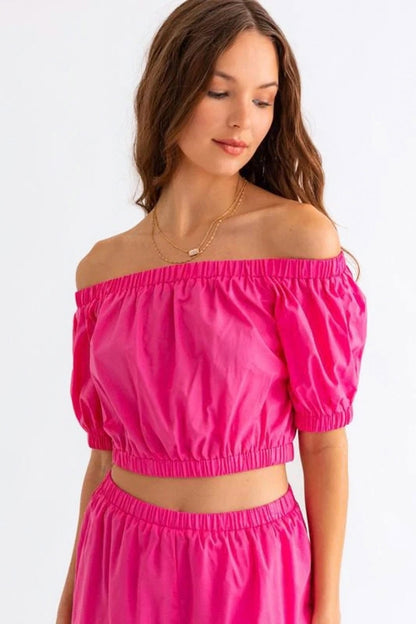 LE LIS Off Shoulder Crop Top and Ruffled Shorts Set