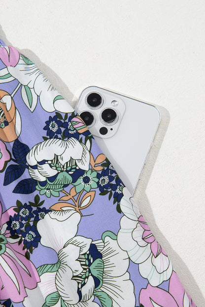 Purple Floral Print Smocked High Waist Square Neck Jumpsuit