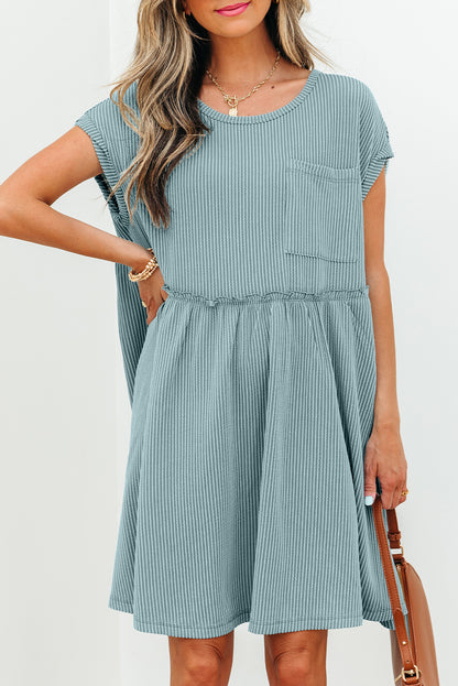 Canton Corded Knit Textured Patched Pocket Frilled Swing Mini Dress with Pockets