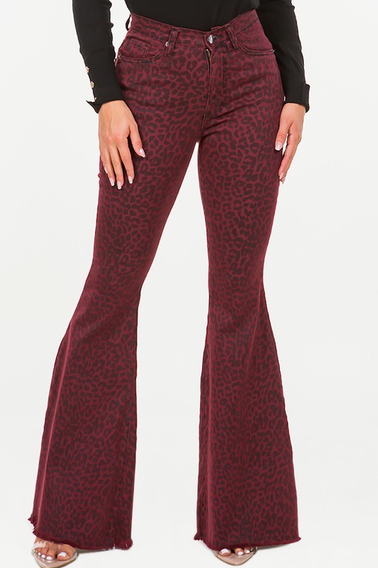 Leopard Bell Bottom Jean in Burgundy- Inseam 32