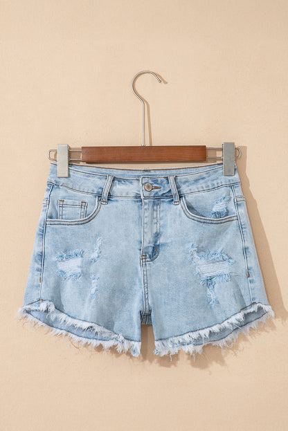 Beau Blue High Rise Distressed Raw Hem Denim Shorts