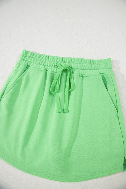 Light Green French Terry Drawstring Elastic Waistband Mini Skort with Pockets
