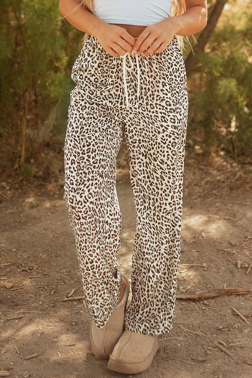 Brown Leopard Drawstring Elastic Waistband Loose Pants