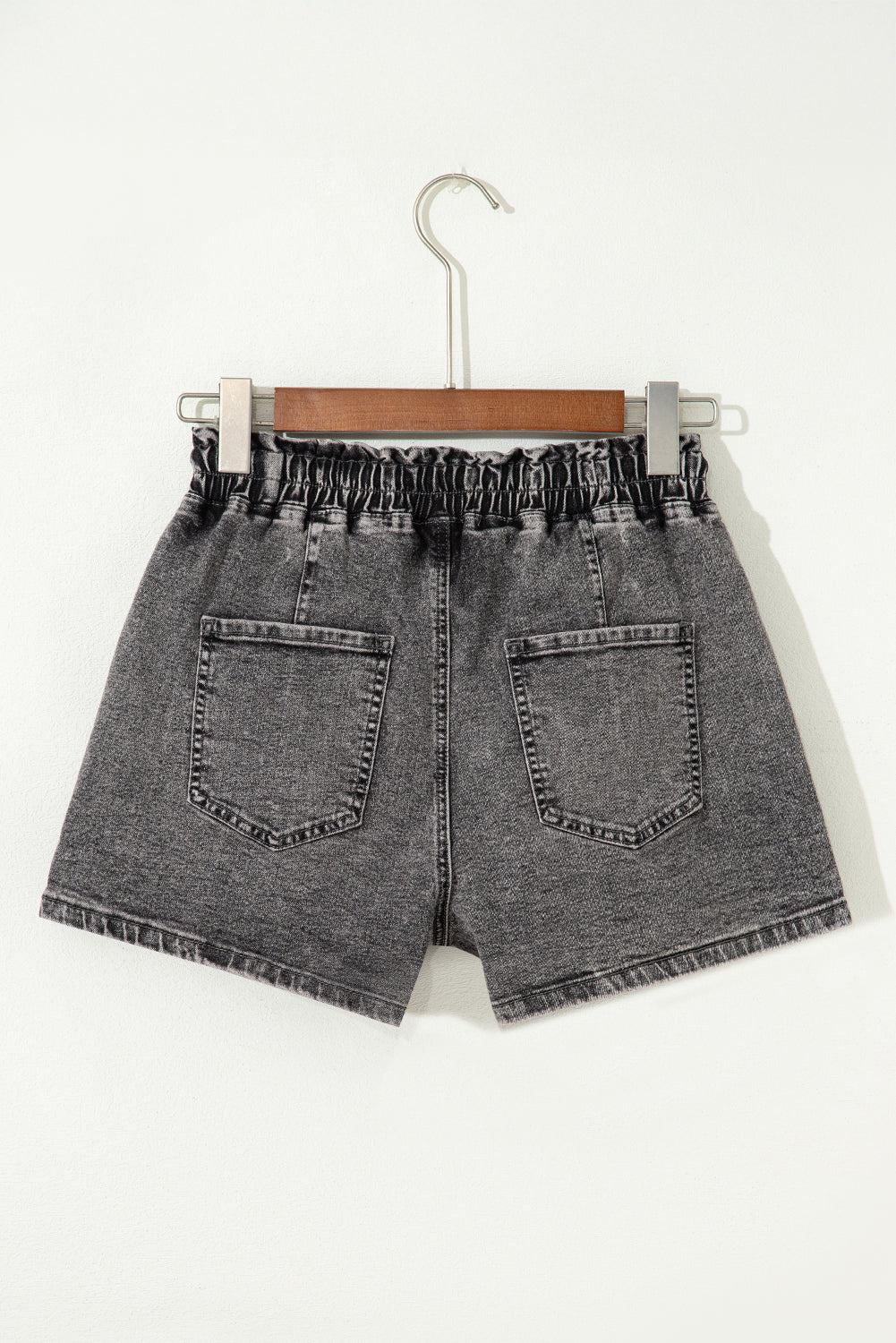 High Drawstring Elastic Waistband Casual Denim Shorts with Pockets