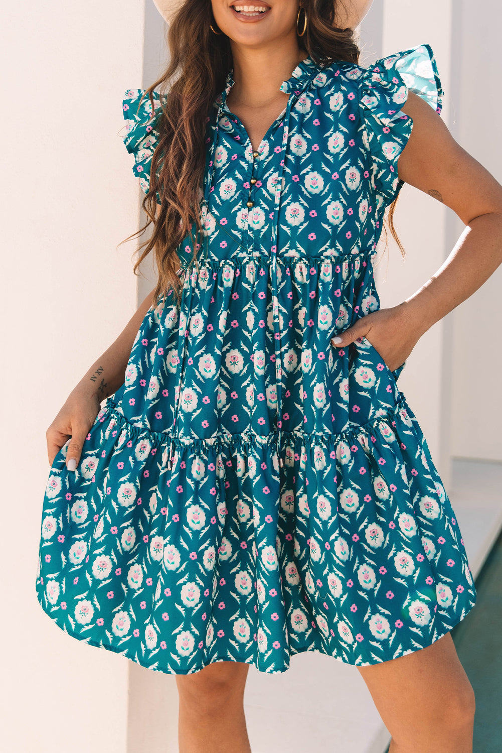Robe bleu imprimé floral rétro col tunisien manches courtes à volants