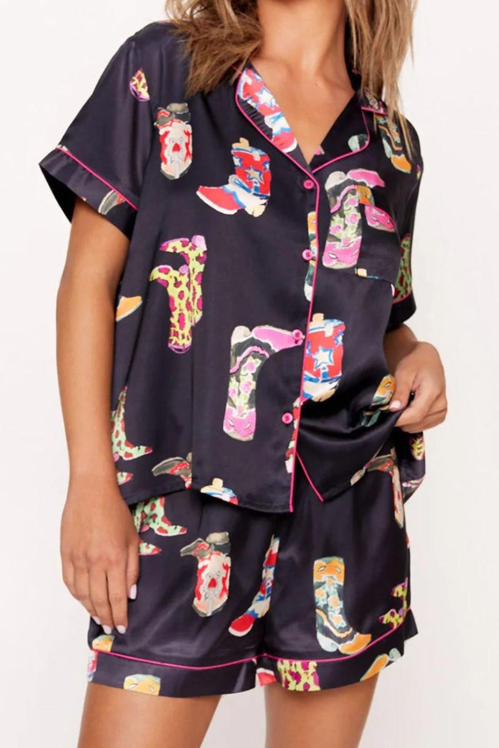 Button Up Short Sleeve Top and Shorts Lounge Set Printed