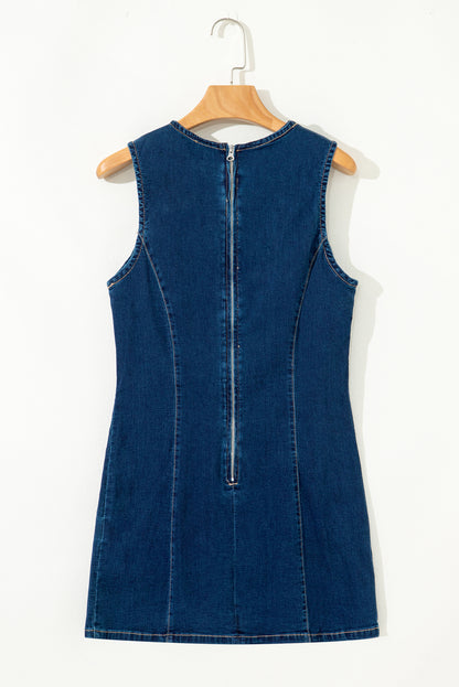 Robe courte moulante en jean sans manches zippée bleu délavé