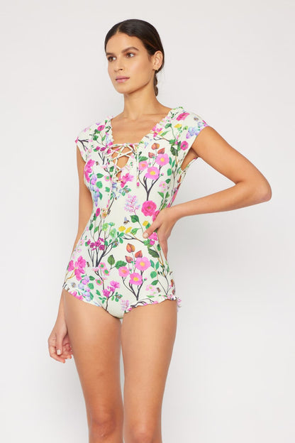 Bring Me Flowers V-Neck One Piece Swimsuit Cherry Blossom Cream Marina West Swim