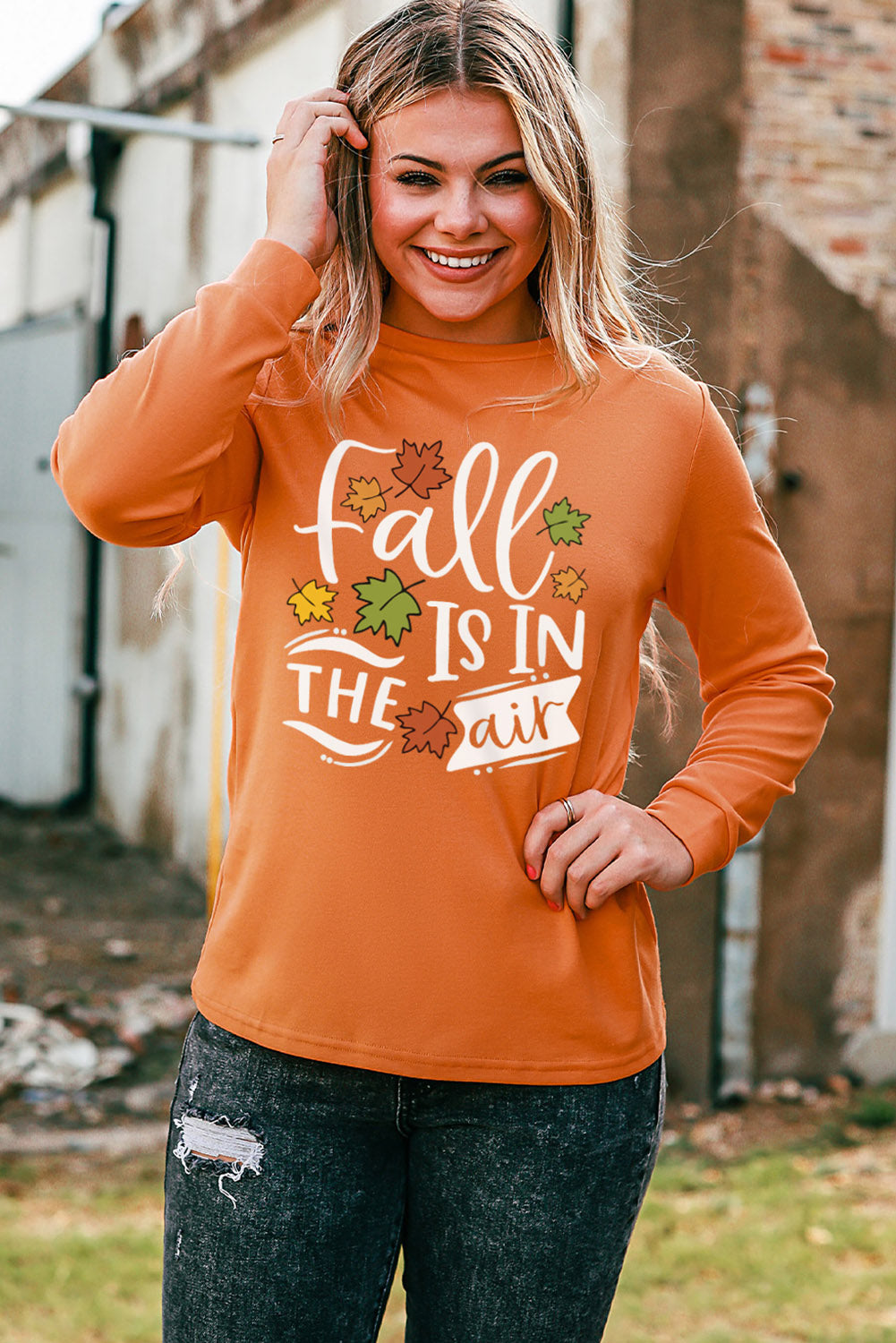 Round Neck Long Sleeve FALL IS IN THE AIR Graphic Shirt