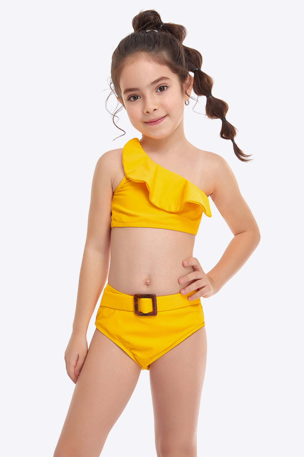 Ruffled One-Shoulder Buckle Detail Two-Piece Swim Set