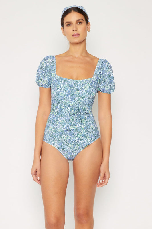 Salty Air Puff Sleeve One-Piece in Blue Marina West Swim Full Size