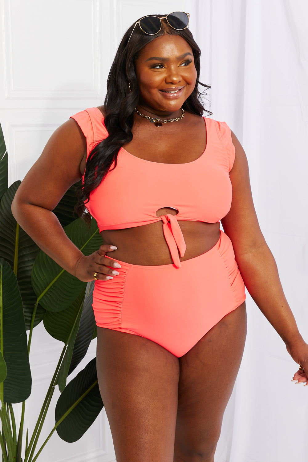 Marina West Swim Sanibel Crop Swim Top and Ruched Bottoms Set in Coral Full Size