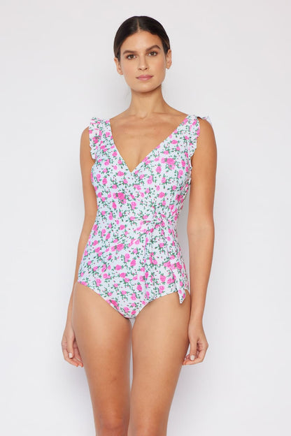 Float On Ruffle Faux Wrap One-Piece in Roses Off-White Marina West Swim Full Size