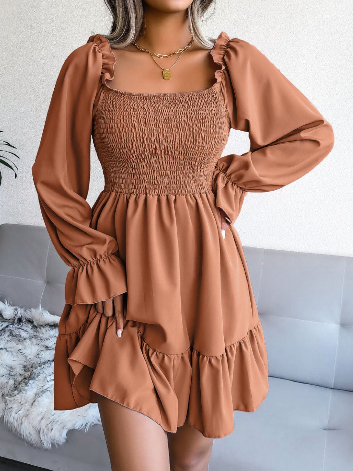 Smocked Flounce Sleeve Square Neck Dress