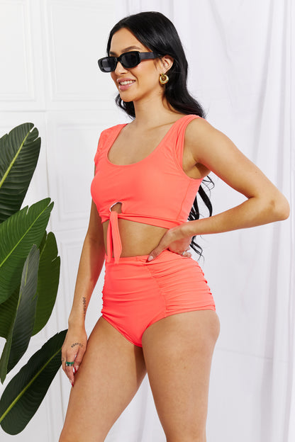 Marina West Swim Sanibel Crop Swim Top and Ruched Bottoms Set in Coral Full Size