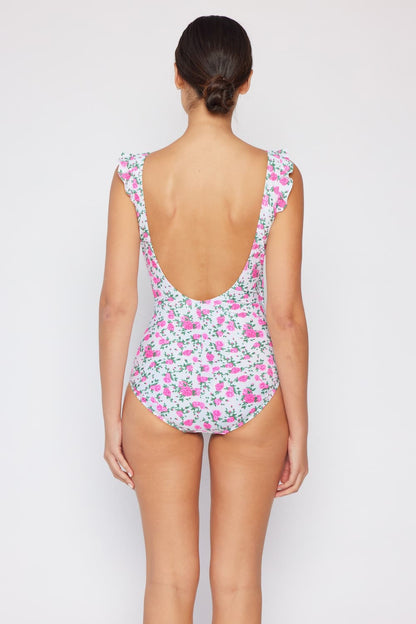 Float On Ruffle Faux Wrap One-Piece in Roses Off-White Marina West Swim Full Size