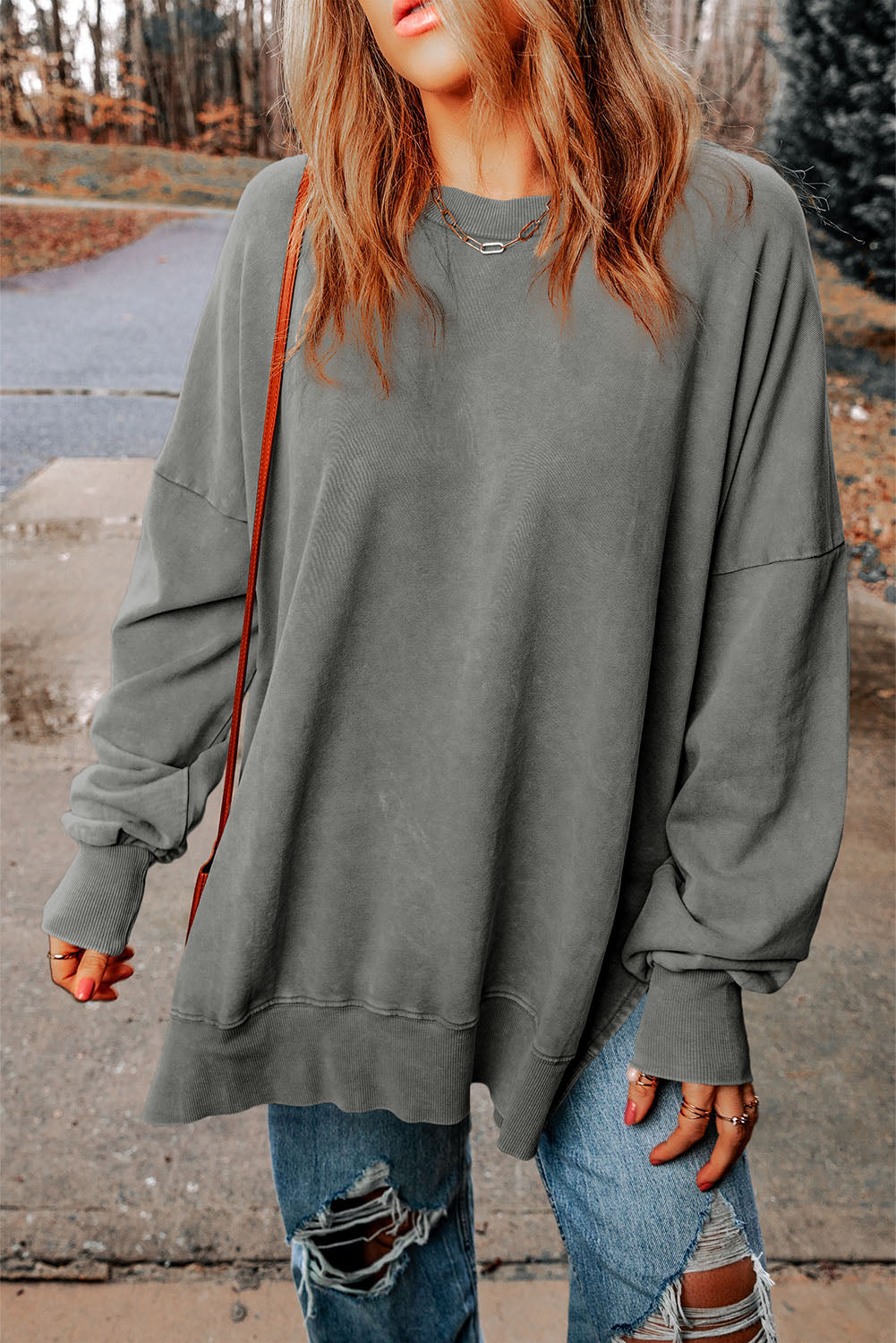 Dropped Shoulder Round Neck Long Sleeve Sweatshirt