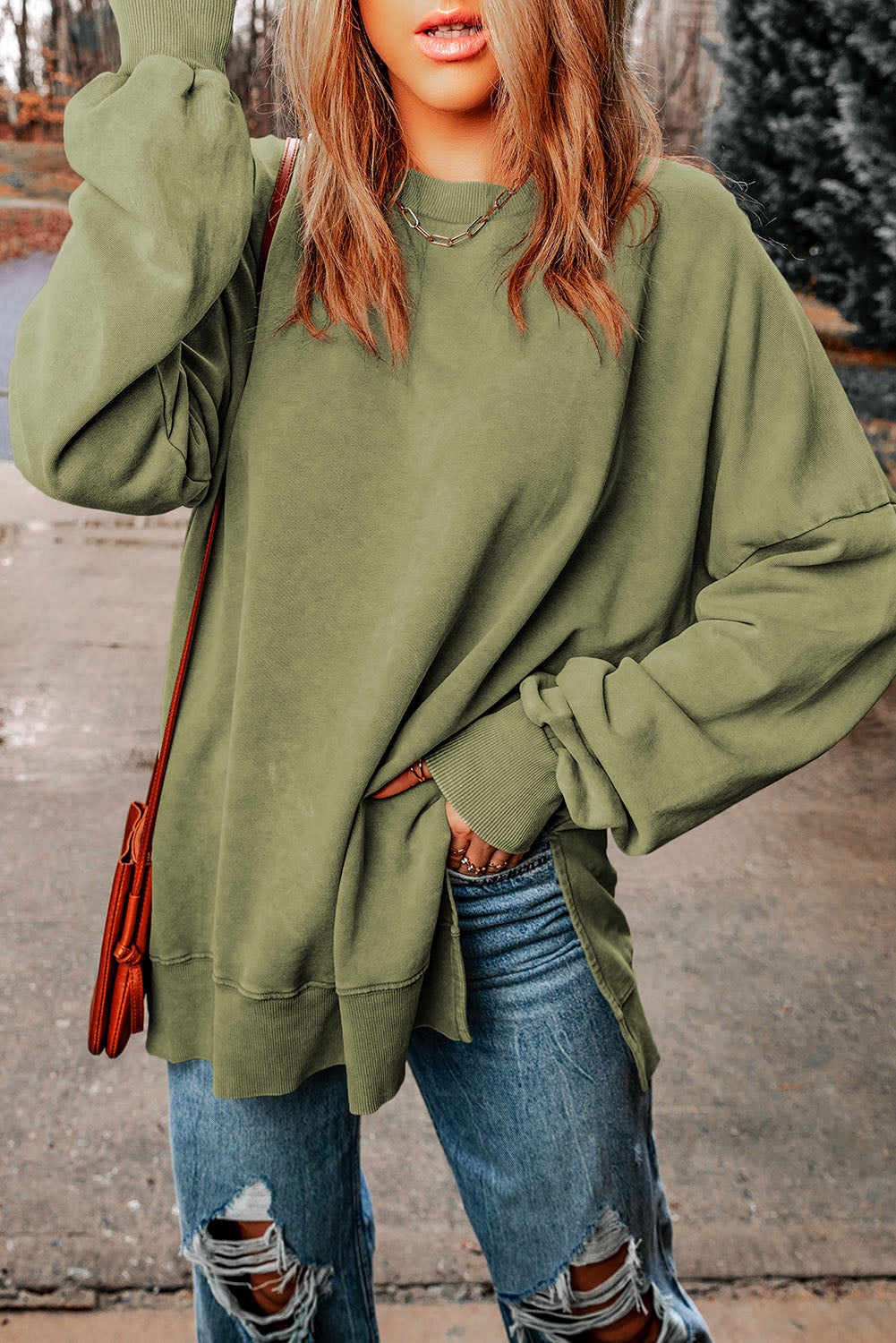 Dropped Shoulder Round Neck Long Sleeve Sweatshirt