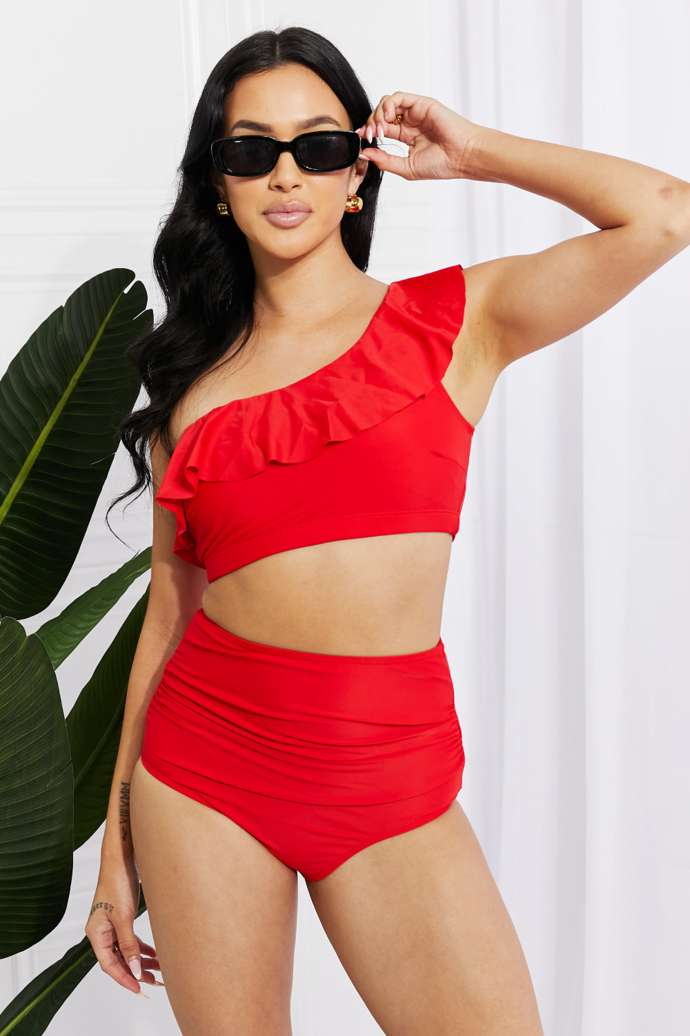 Marina West Swim Seaside Romance Ruffle One-Shoulder Bikini in Red Full Size