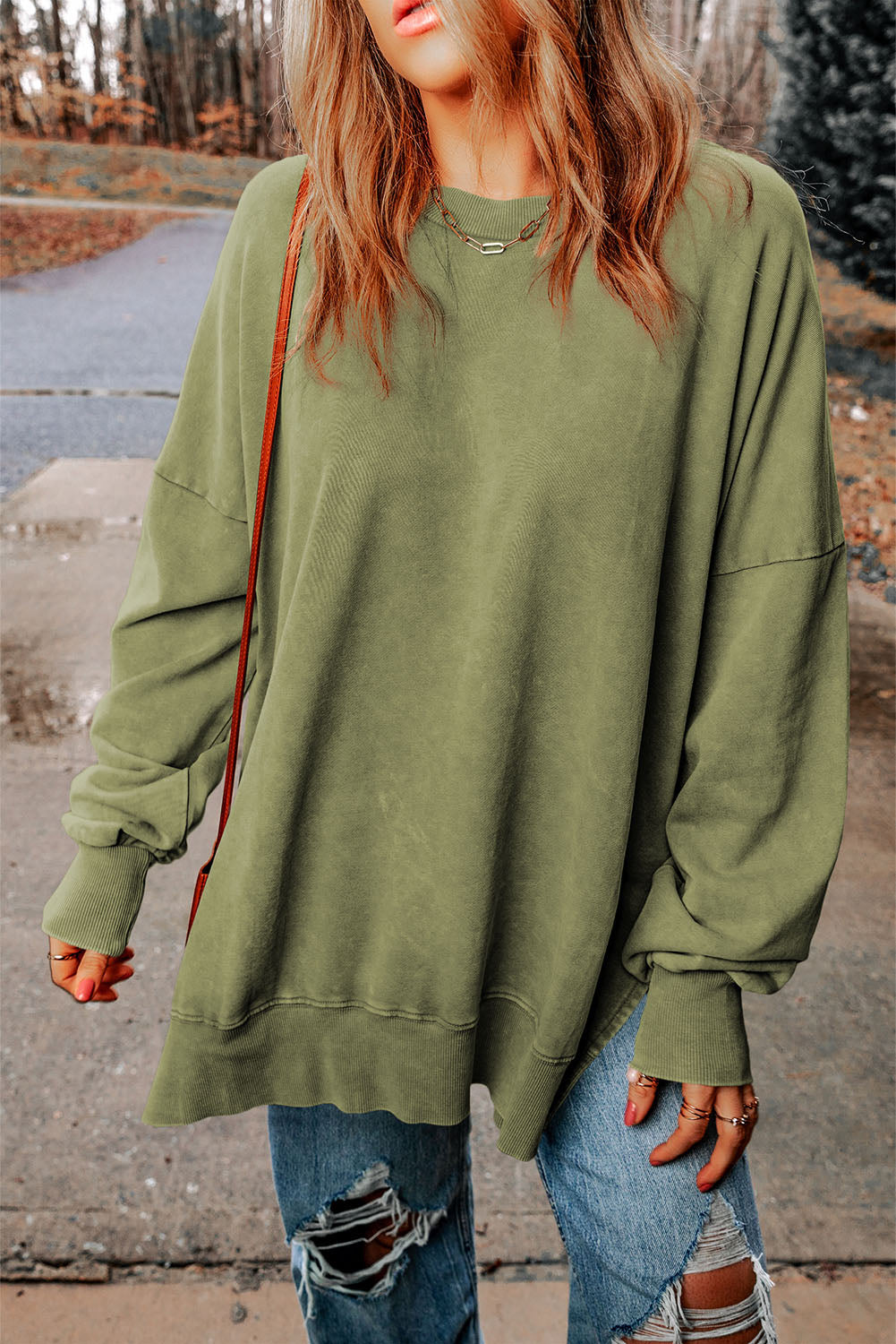 Dropped Shoulder Round Neck Long Sleeve Sweatshirt