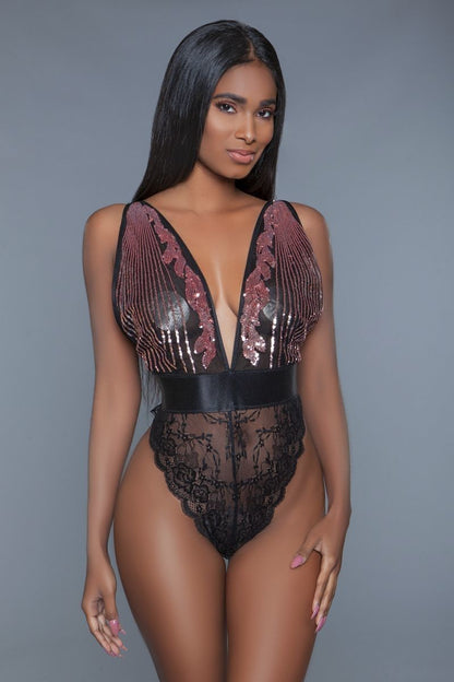 Cut-out Lace Bottoms With Raspberry-pink Sequins Plunging Sheer Neckline