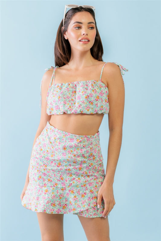 Mint Fuchsia Print Cotton Sleeveless Strappy Crop Top & High Waist Wrap Hem Mini Skirt Set