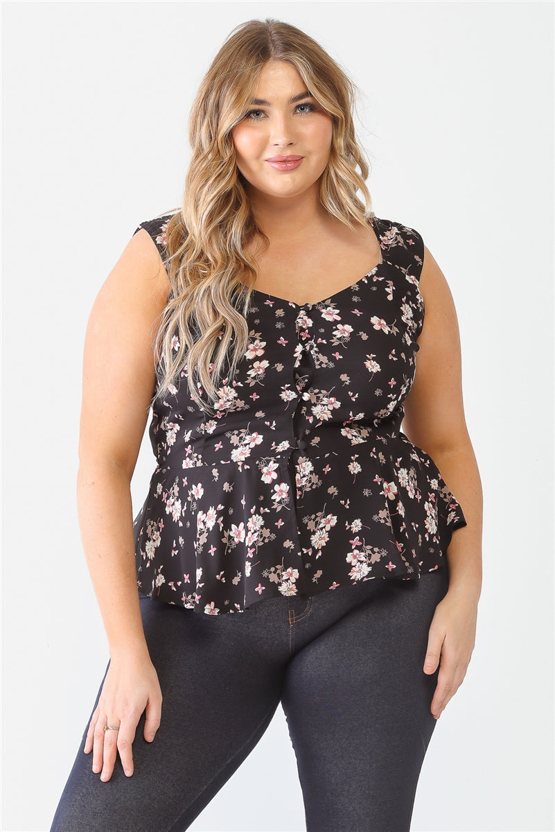 Floral Button-up Sleeveless Flare Hem Top Plus Size