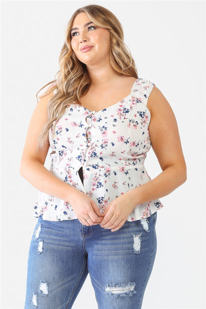 Floral Button-up Sleeveless Flare Hem Top Plus Size