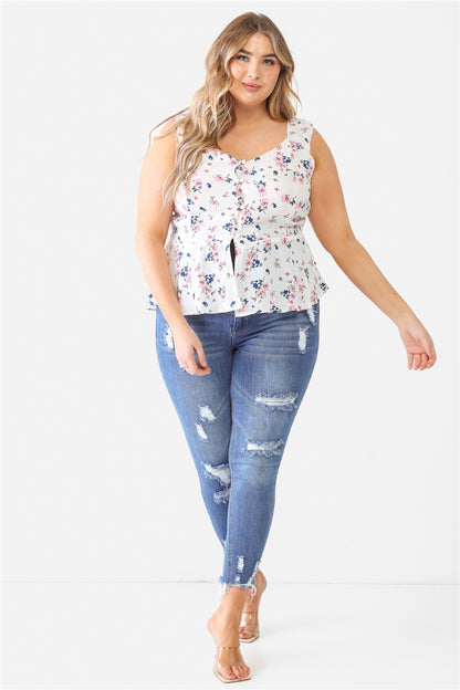 Floral Button-up Sleeveless Flare Hem Top Plus Size